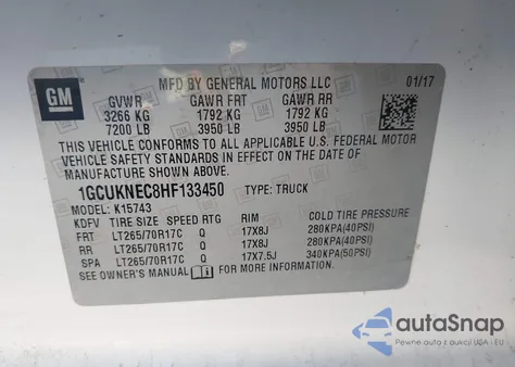 2017 Chevrolet Silverado 1500 Wt z USA, uszkodzony, nr VIN 1GCUKNEC8HF133450